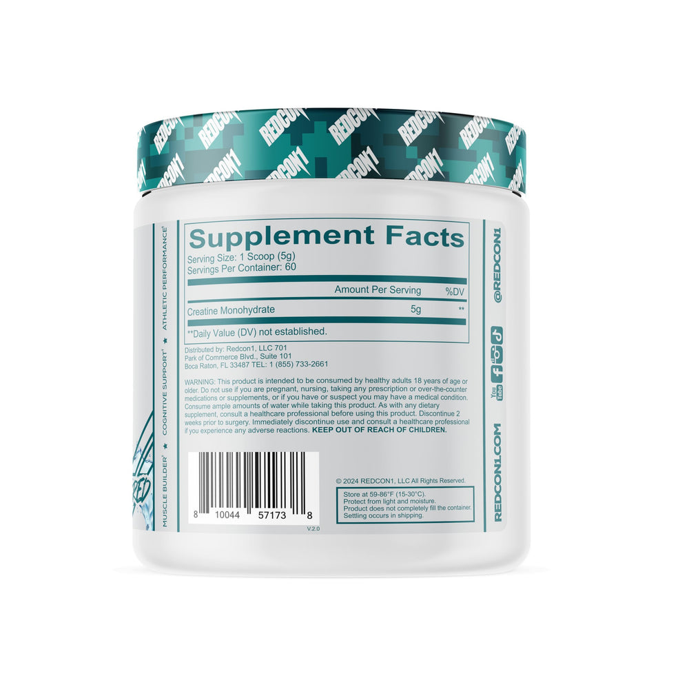 Close up of REDCON1 Creatine Monohydrate label with vegan friendly formula