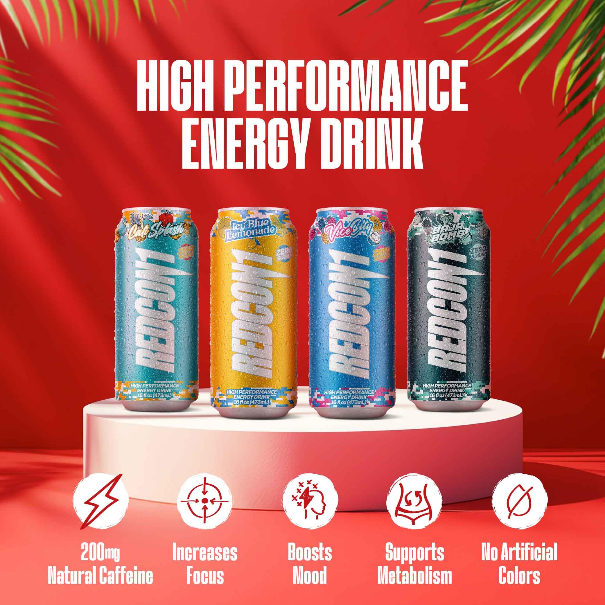 REDCON1 Energy Cali Splash glass with can evokes refreshing aroma for quick pick-me-up