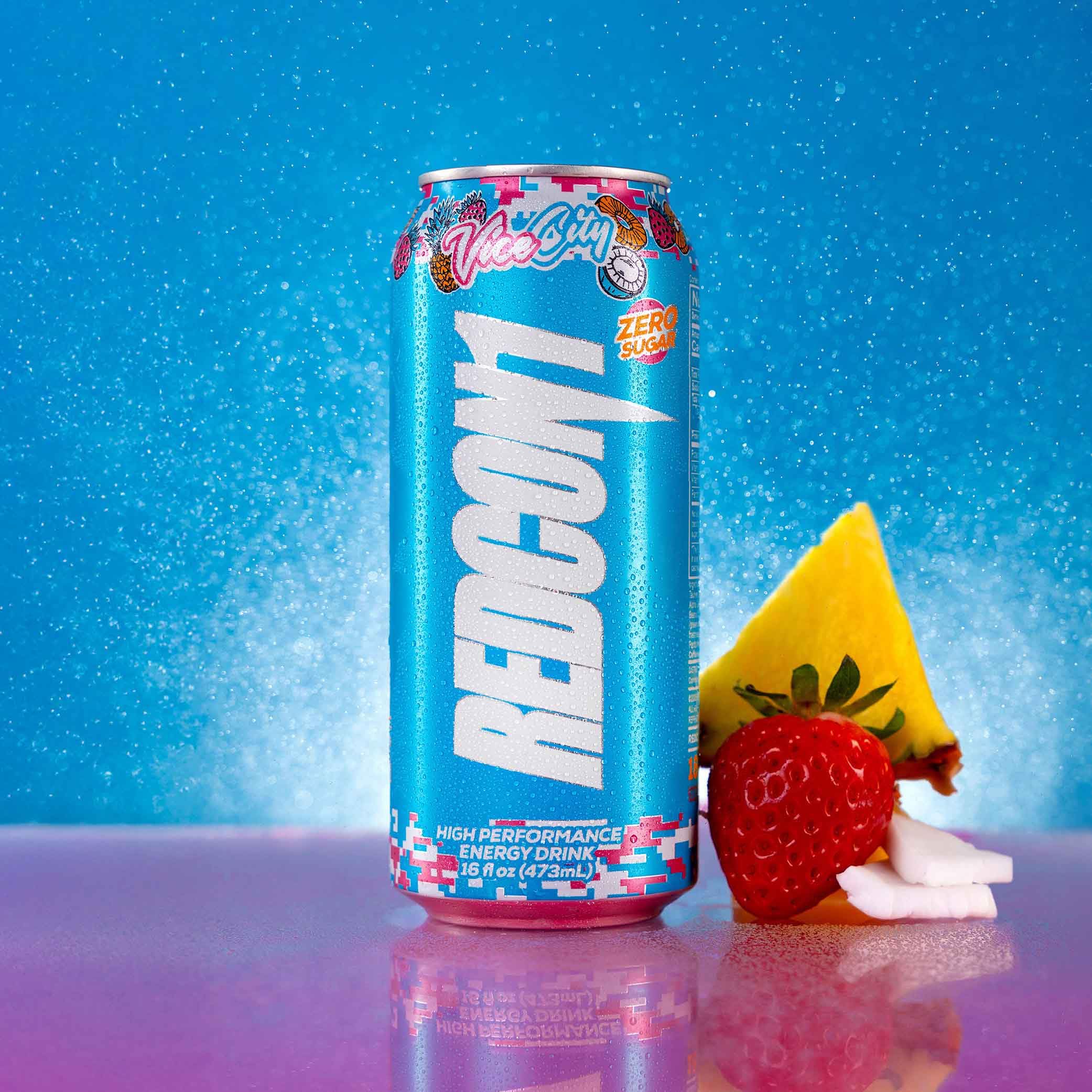 REDCON1 Energy Vice City can back label showing ingredients and benefits