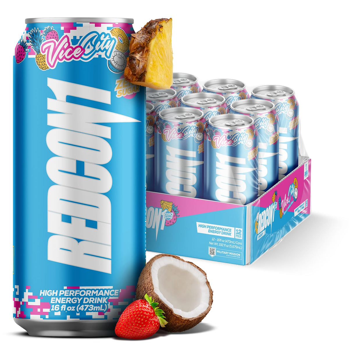 REDCON1 Energy Vice City can side view highlighting zero sugar and caffeine boost