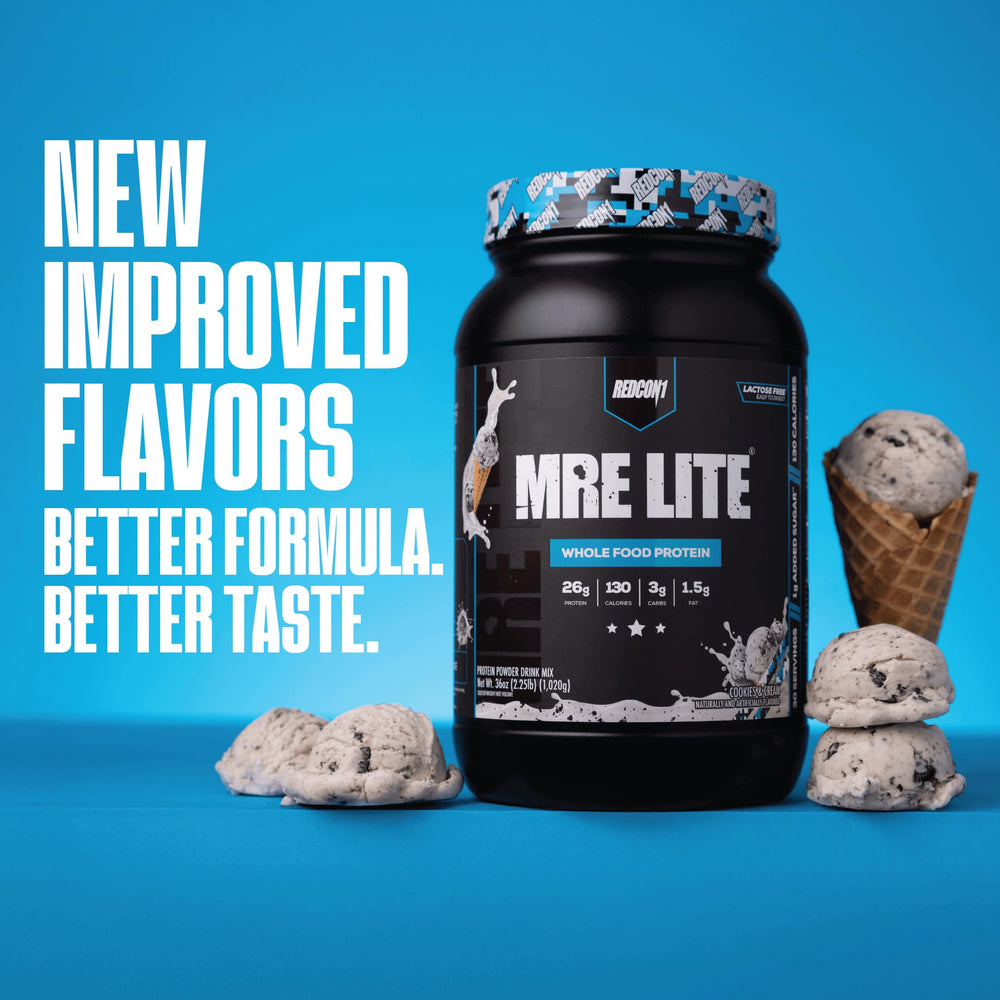 Redcon1 MRE LITE 3g carb focus showcased for macro-friendly meal replacement.