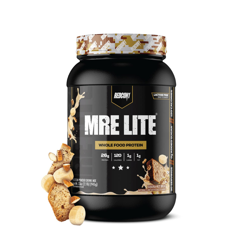 REDCON1 MRE LITE banana nut bread bottle showing balanced whole food protein for daily nutrition