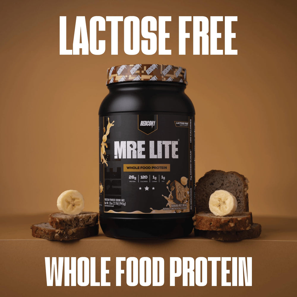 REDCON1 MRE LITE banana nut bread shake in glass for a tasty, low-carb option