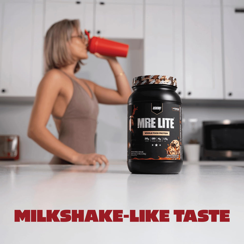 REDCON1 MRE LITE serving cup displays 130 calories and 26 g protein per serving.