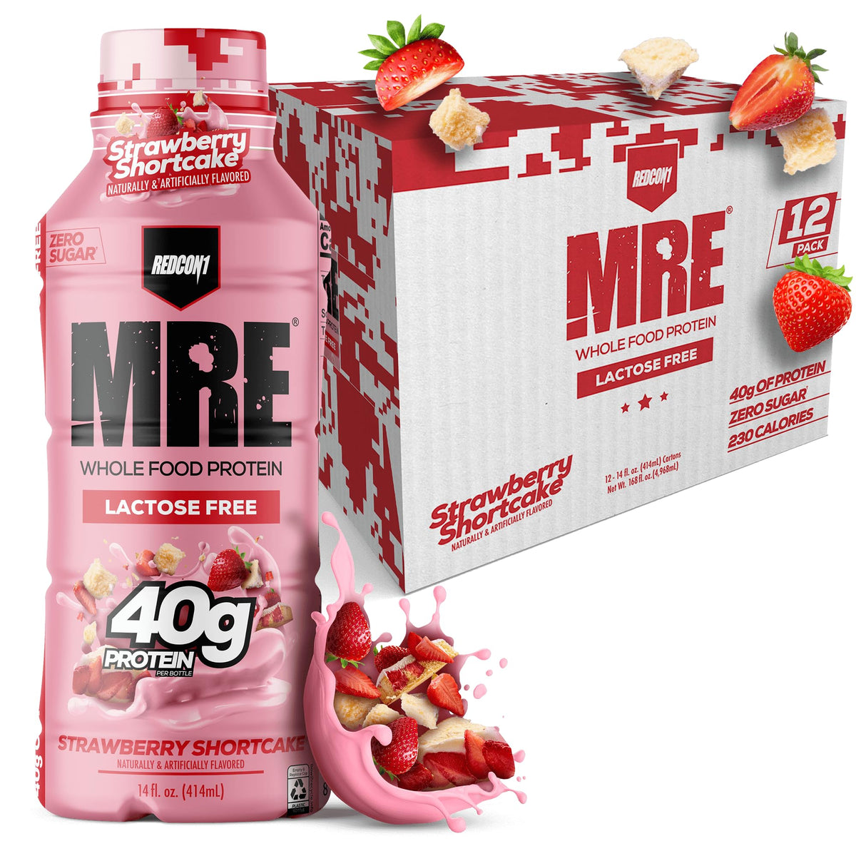 Redcon1 MRE RTD Strawberry Shortcake bottle—lactose-free on-the-go protein.