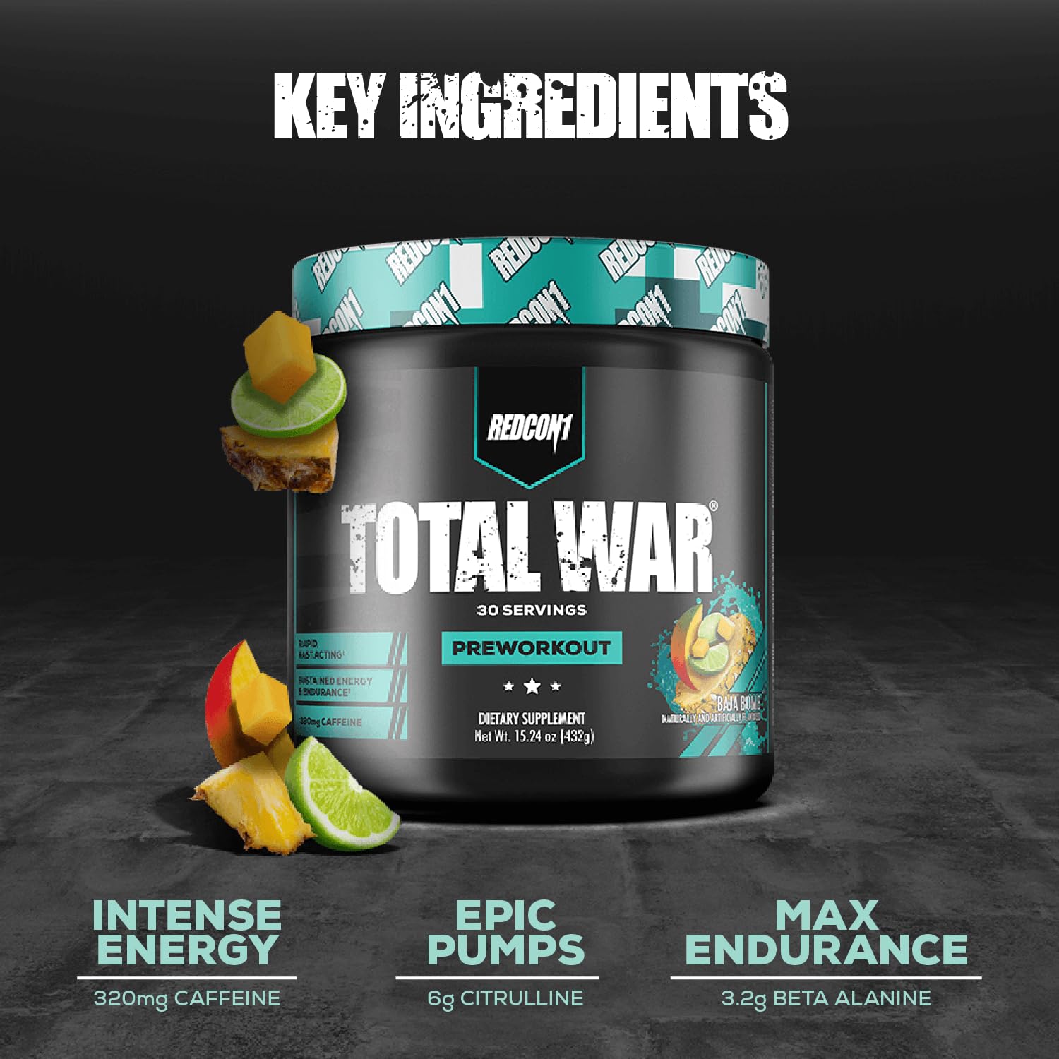 Redcon1 Total War caffeine powder close-up highlights high-energy caffeine blend.