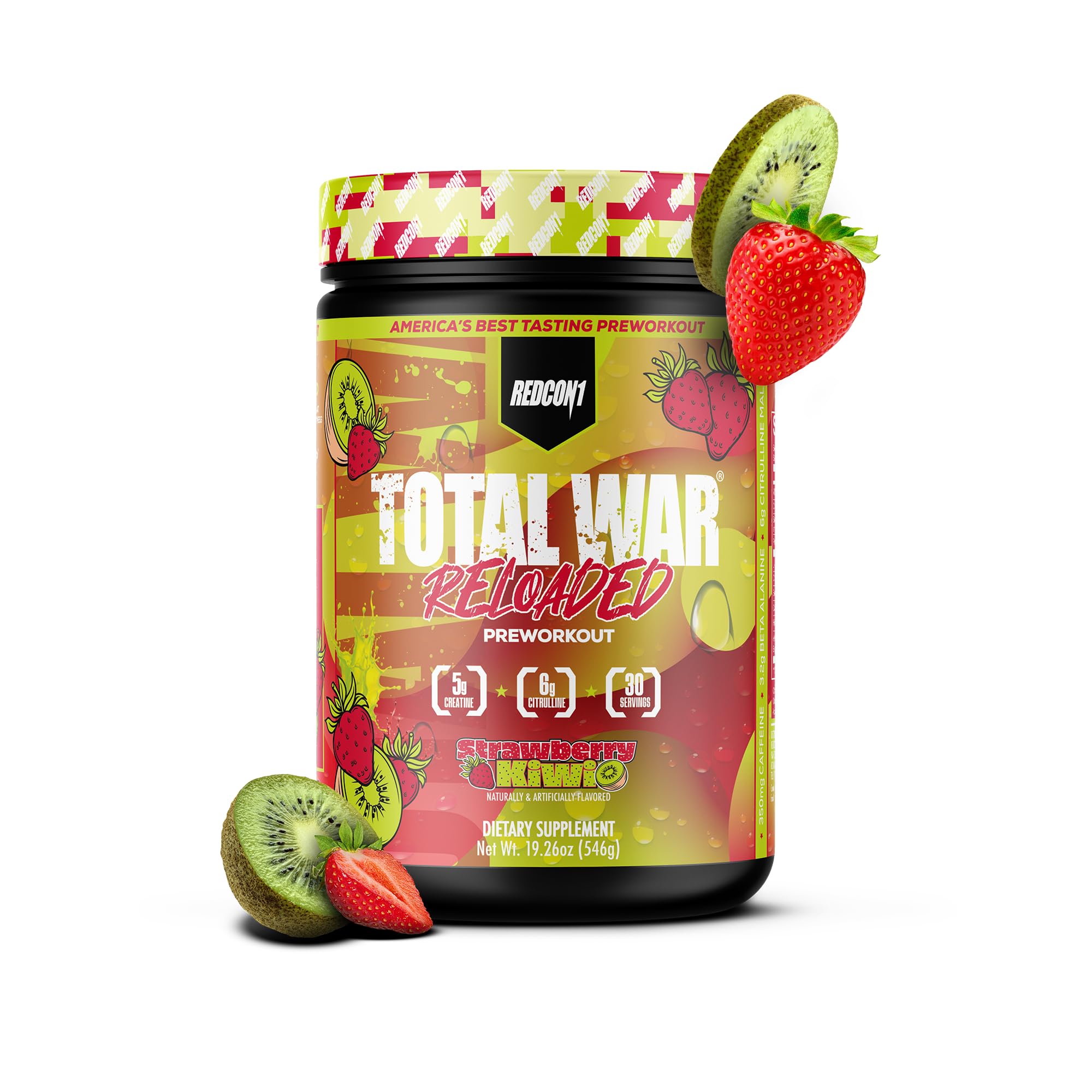 RedCon1 Total War Reloaded strawberry kiwi bottle front shows strong energy potential for workouts
