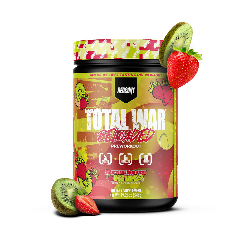 RedCon1 Total War Reloaded strawberry kiwi bottle front shows strong energy potential for workouts