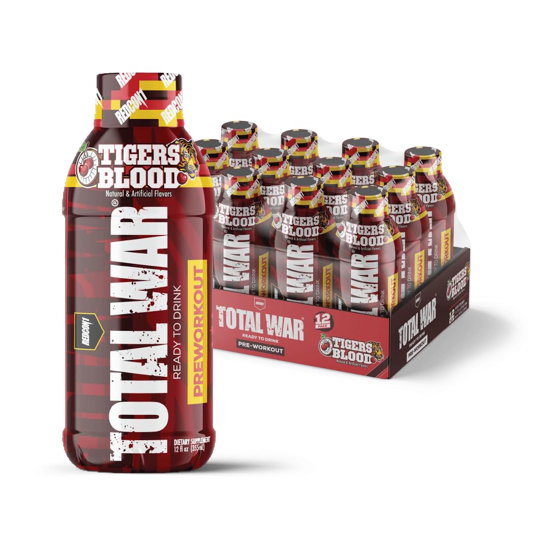 REDCON1 Total War RTD Tiger's Blood bottle pour suggesting energy and focus boost.