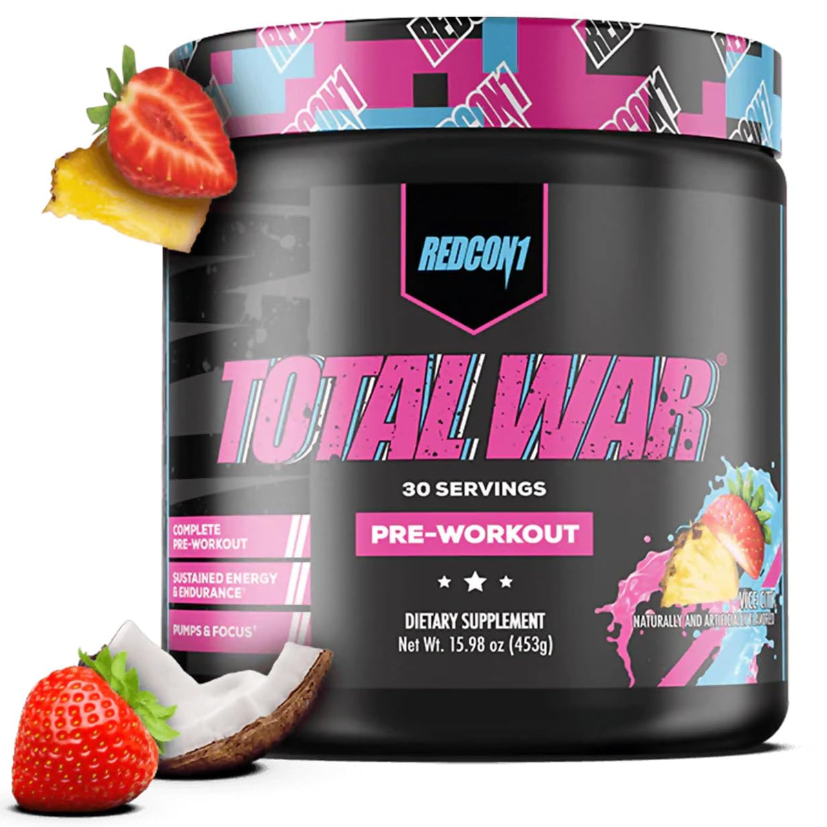 RedCon1 Total War Vice City bottle shows energy-boosting pre-workout for intense training.