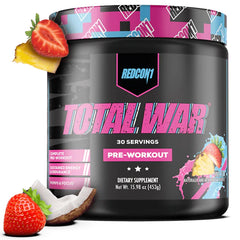RedCon1 Total War Vice City bottle shows energy-boosting pre-workout for intense training.