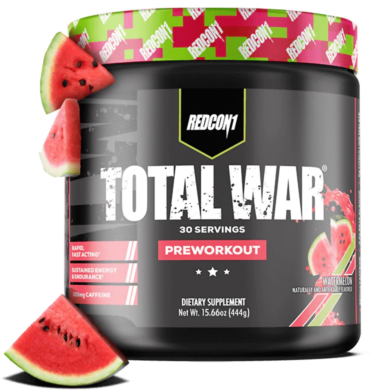 REDCON1 Total War Watermelon tub closeup showing fast-acting pre-workout energy.