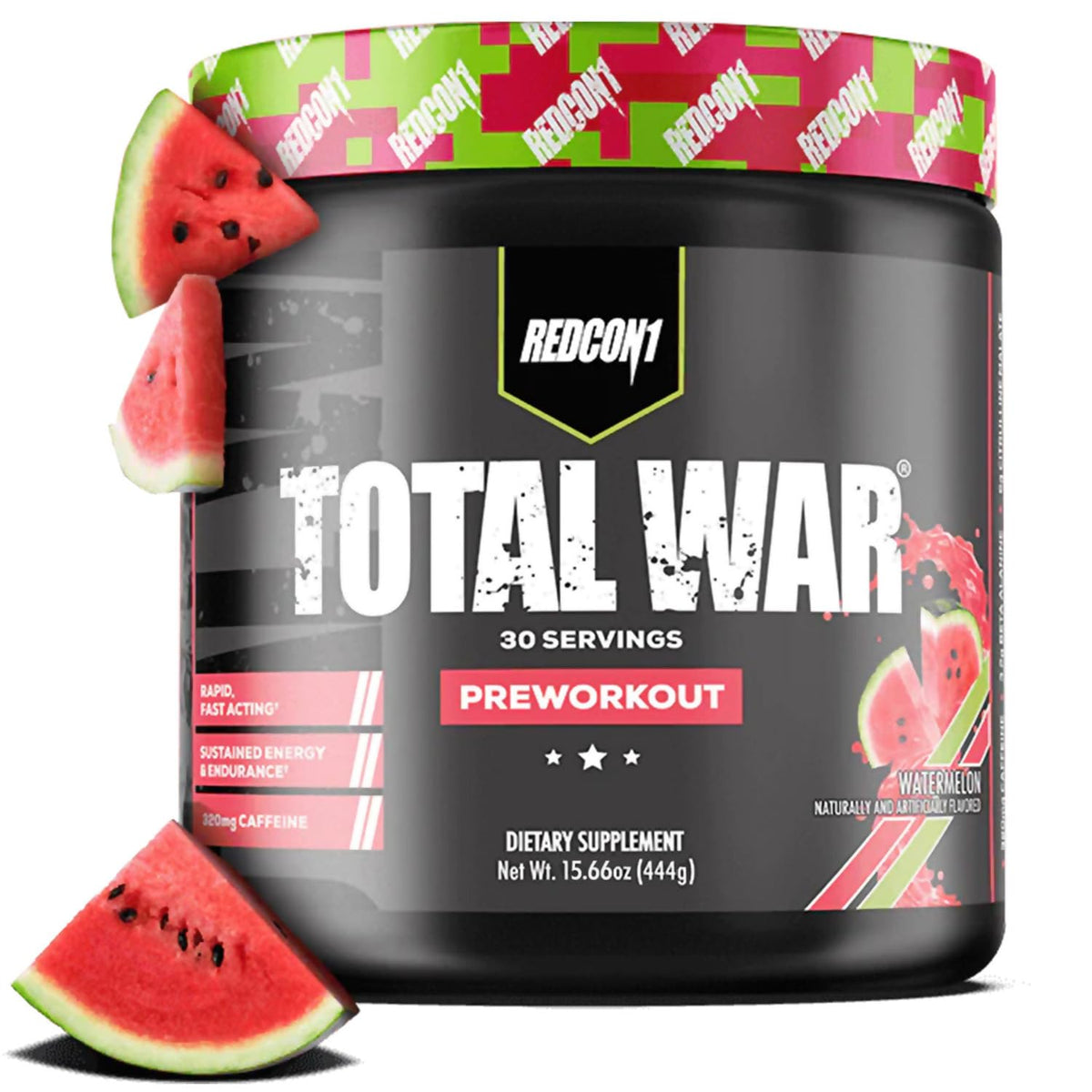 REDCON1 Total War Watermelon tub closeup showing fast-acting pre-workout energy.