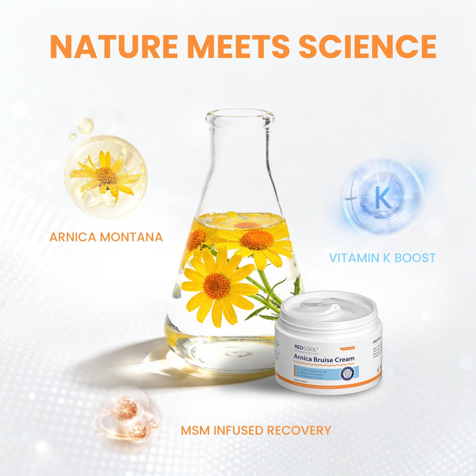 Redcool Arnica Cream for face and body care with shea butter and coconut oil.