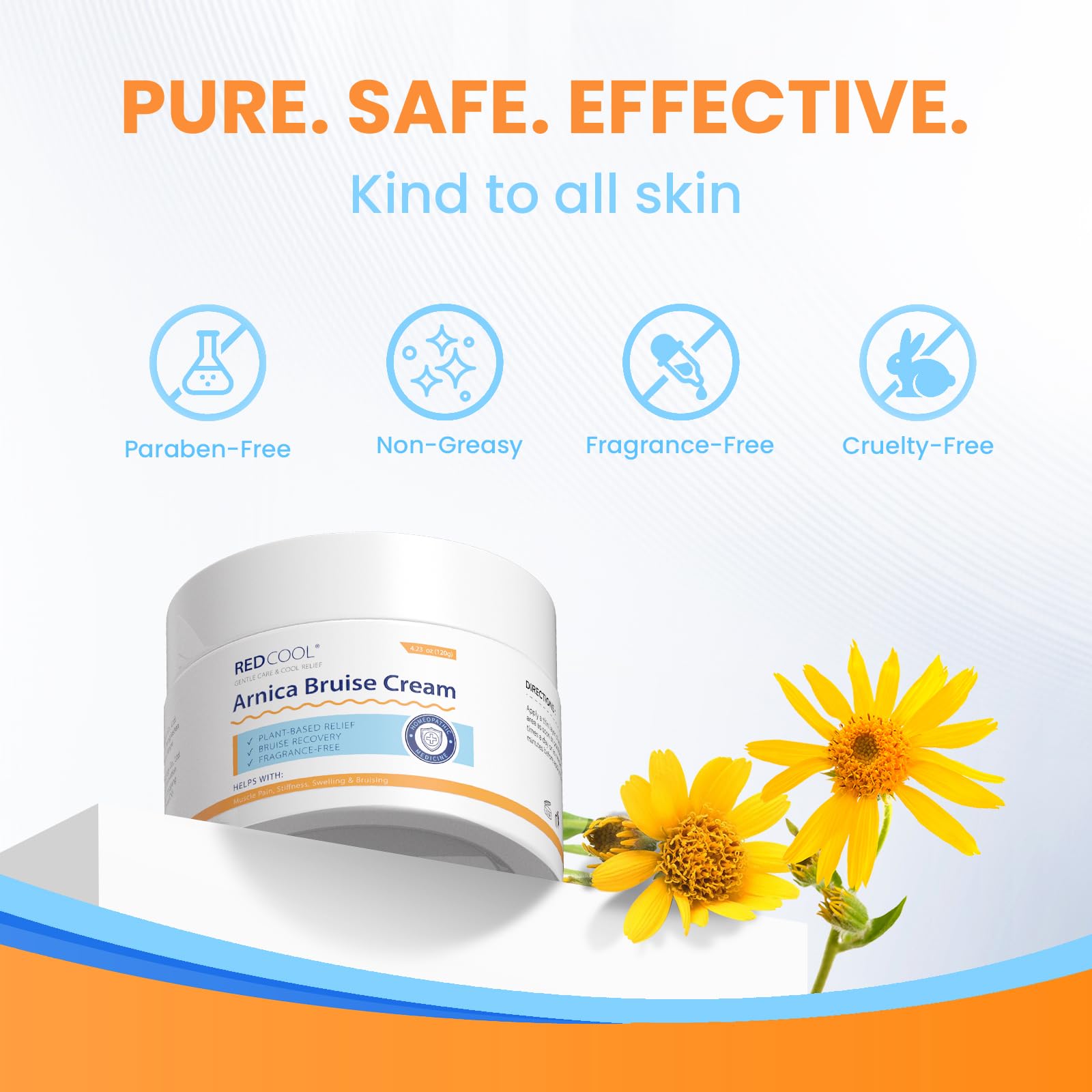 Redcool Arnica Cream fast-absorbing hydration on hands and face for daily care.