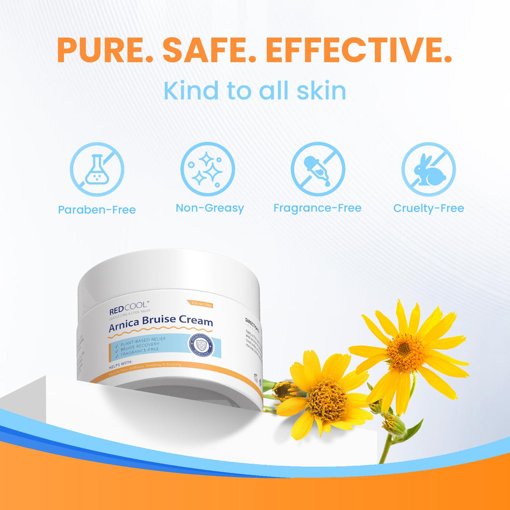 Redcool Arnica Cream fast-absorbing hydration on hands and face for daily care.