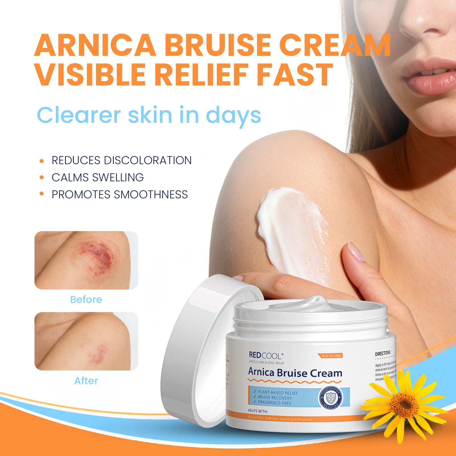 Redcool Arnica Cream texture close-up highlights rich, non-greasy hydration for sensitive skin.