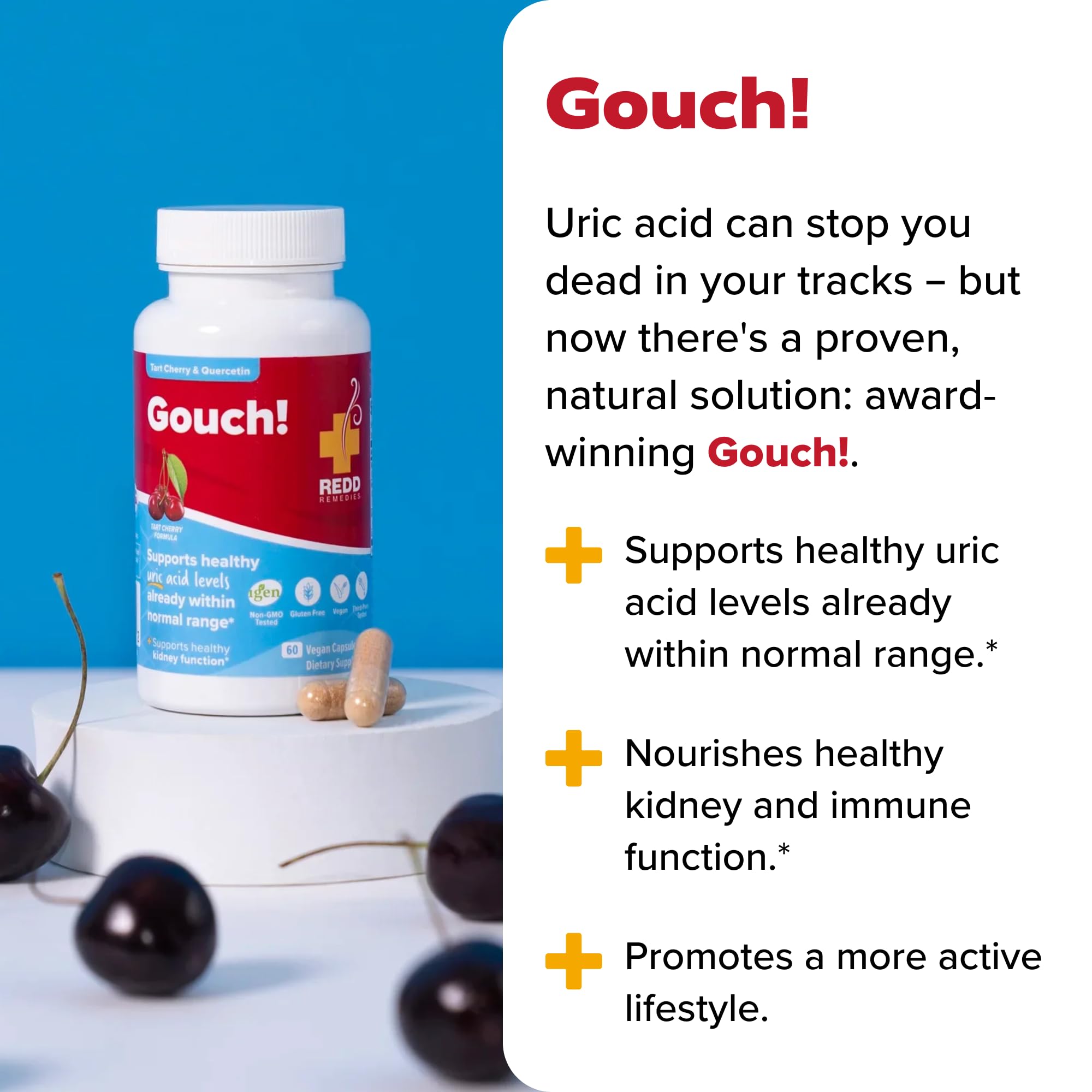 Redd Remedies Gouch! quercetin pills emphasize plant-based ingredients for joints.