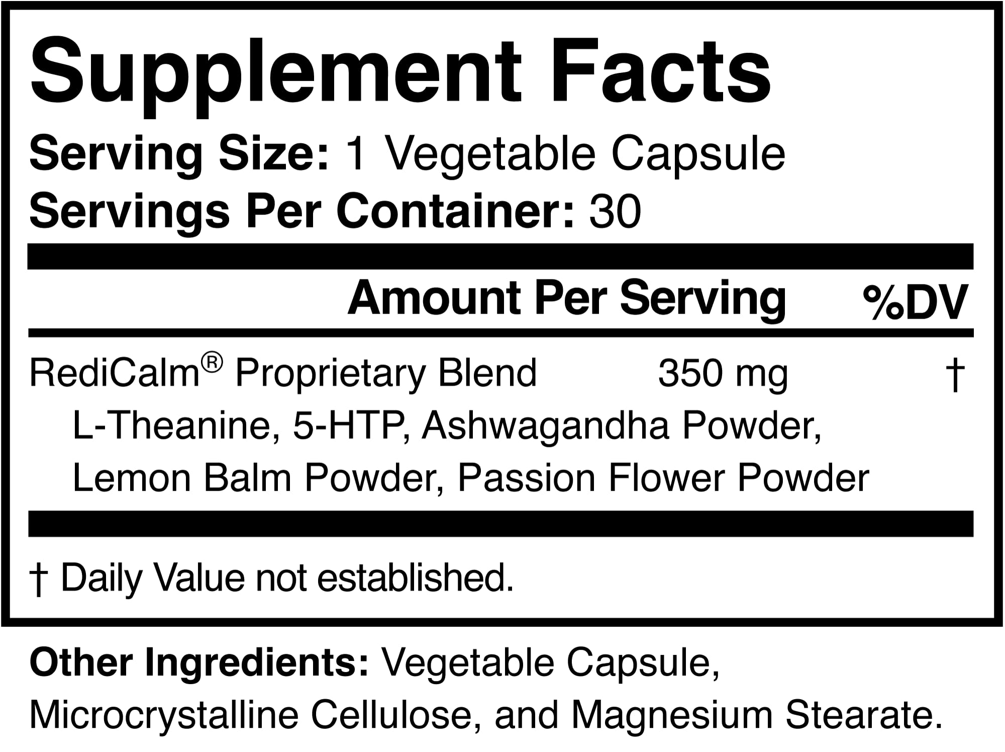 RediCalm ingredients visual displaying five natural components linked to stress relief potential.