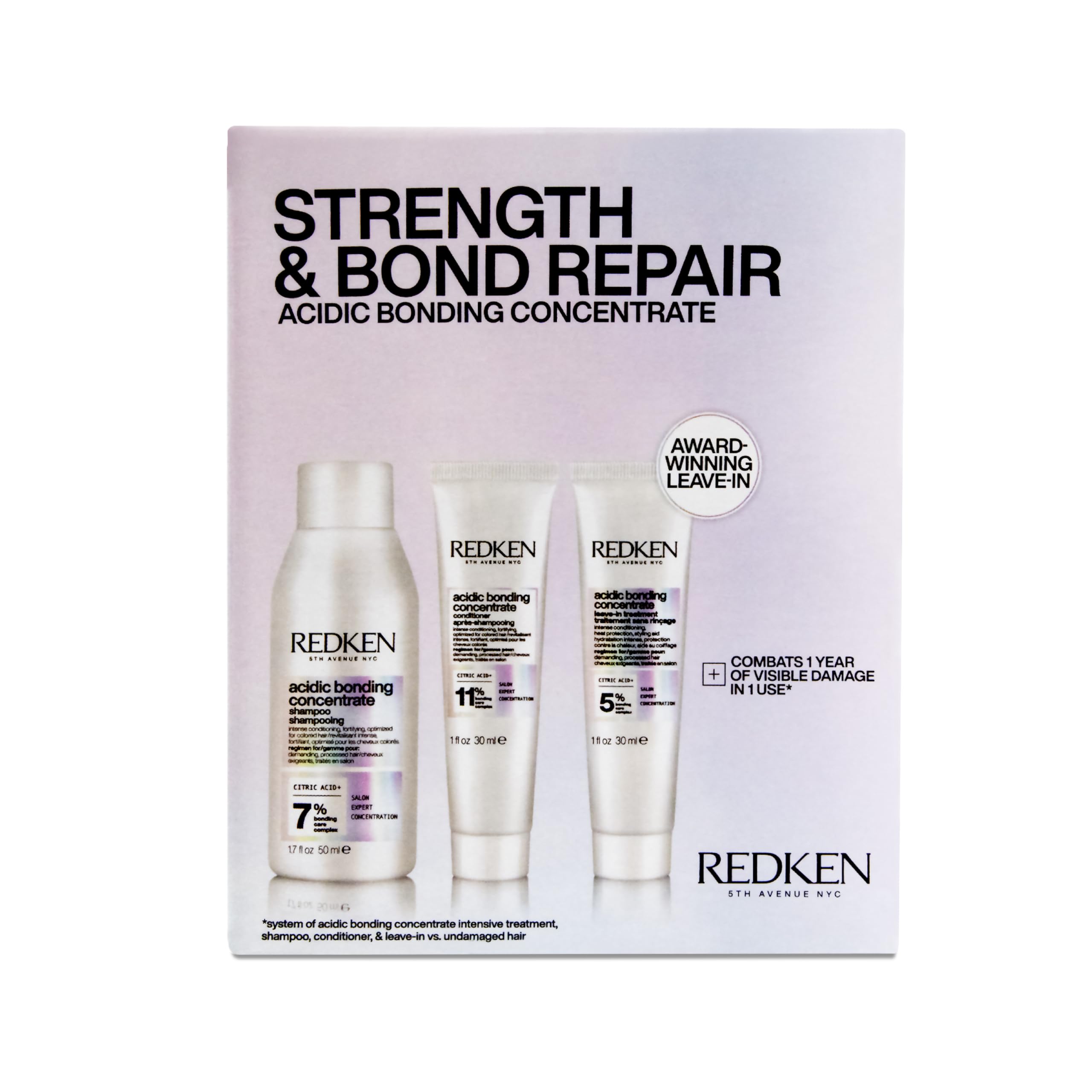 Redken Acidic Bonding Concentrate shampoo bottle strengthens bonds and conditions hair.