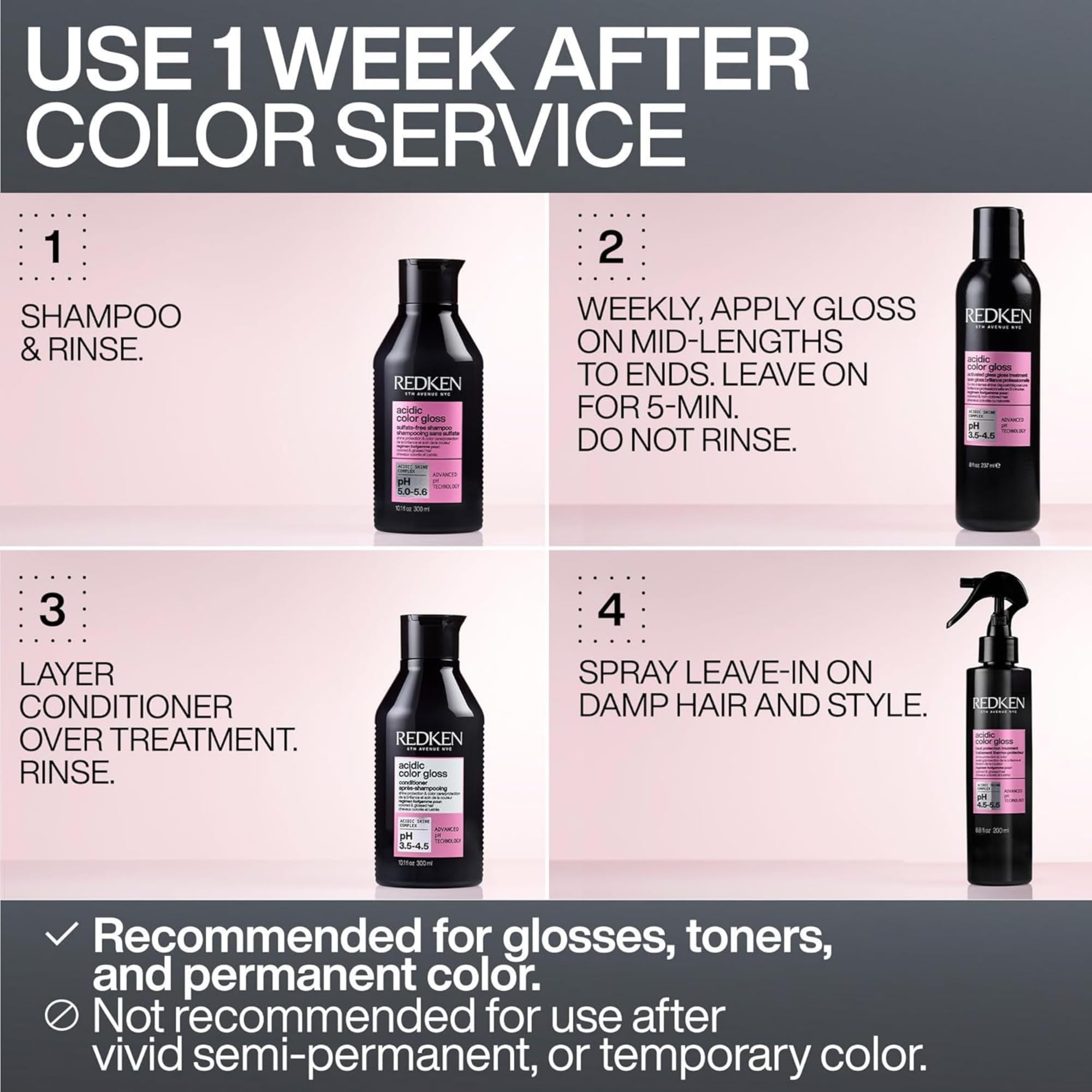 Redken Acidic Color Gloss uses acidic pH to seal the cuticle for lasting shine.