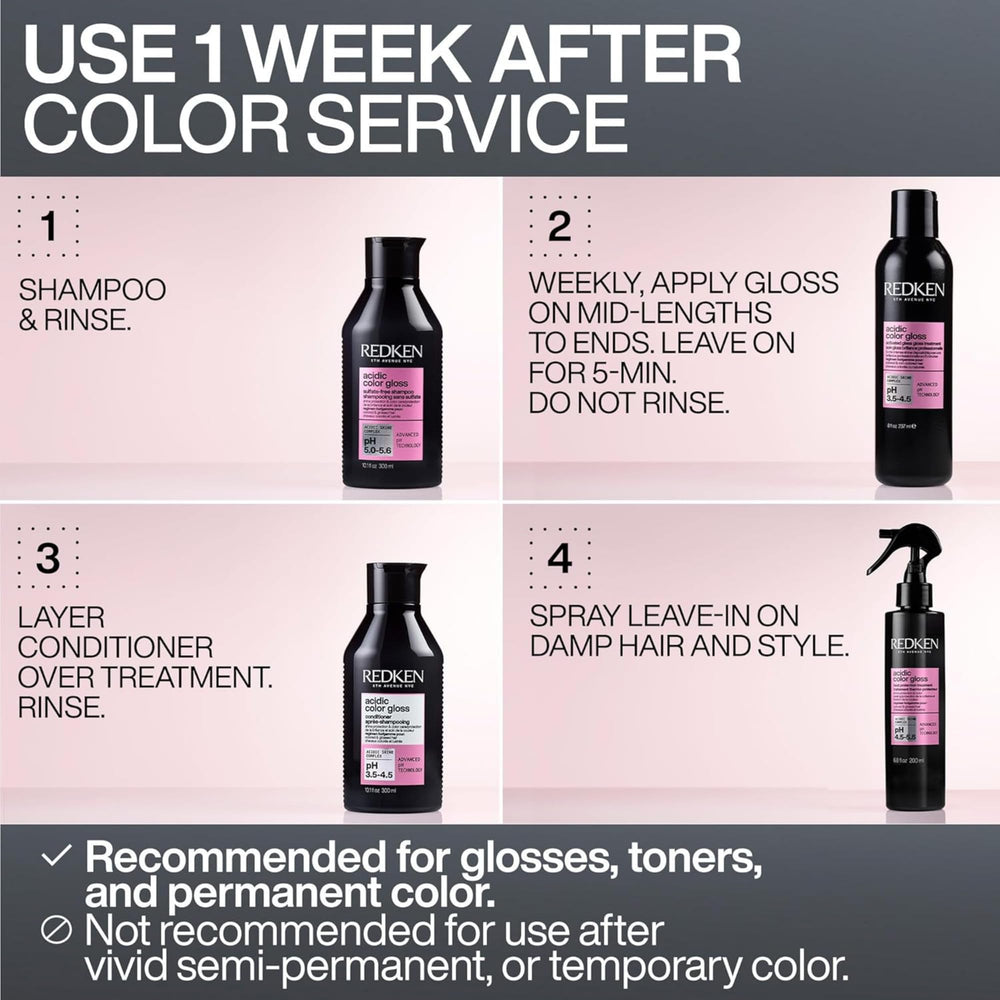 Redken Acidic Color Gloss uses acidic pH to seal the cuticle for lasting shine.