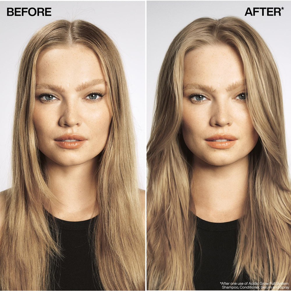 Redken Acidic Grow Full bottle shown on hair for lightweight, non-greasy feel.