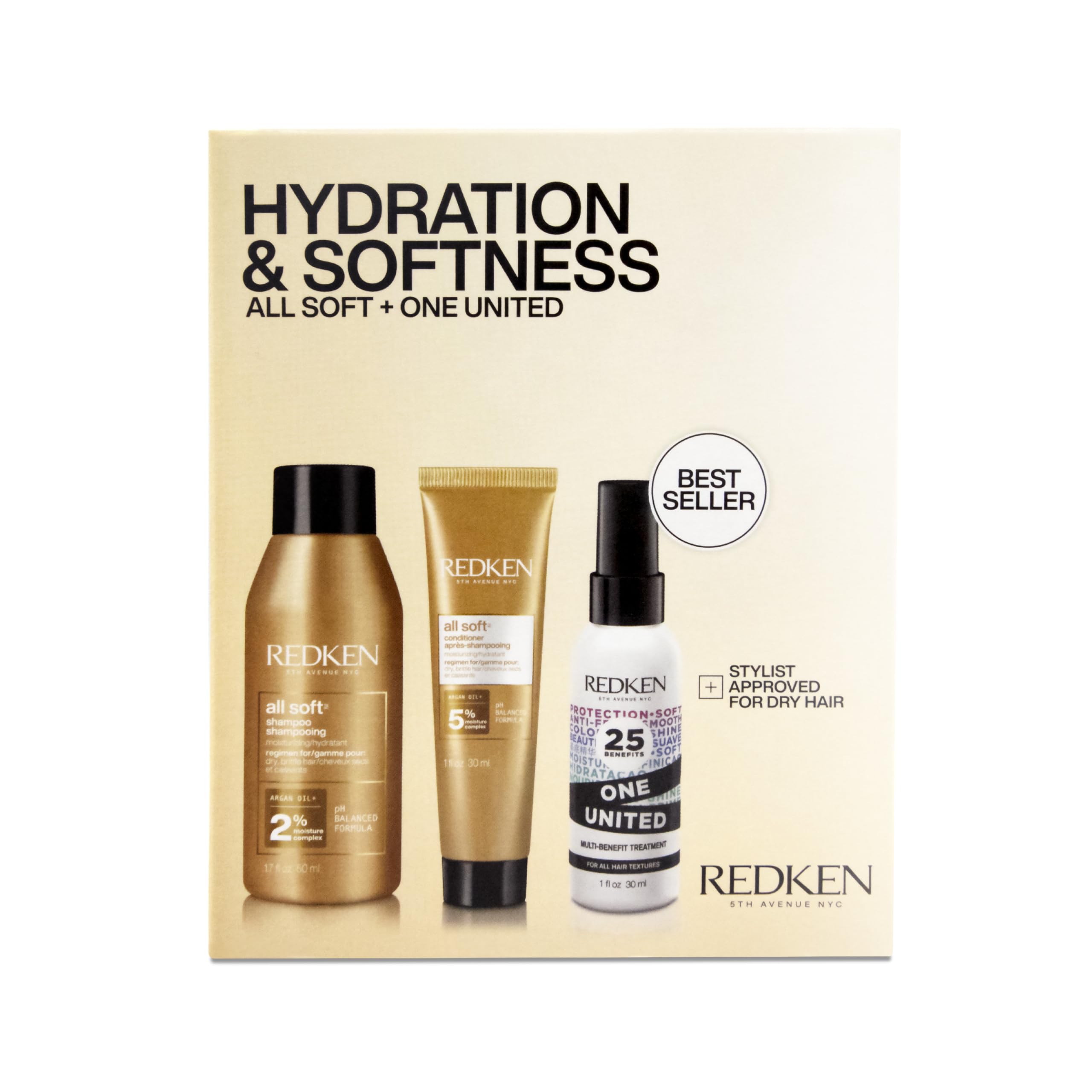 Redken All Soft Mini Kit shampoo bottle provides deep hydration for dry hair