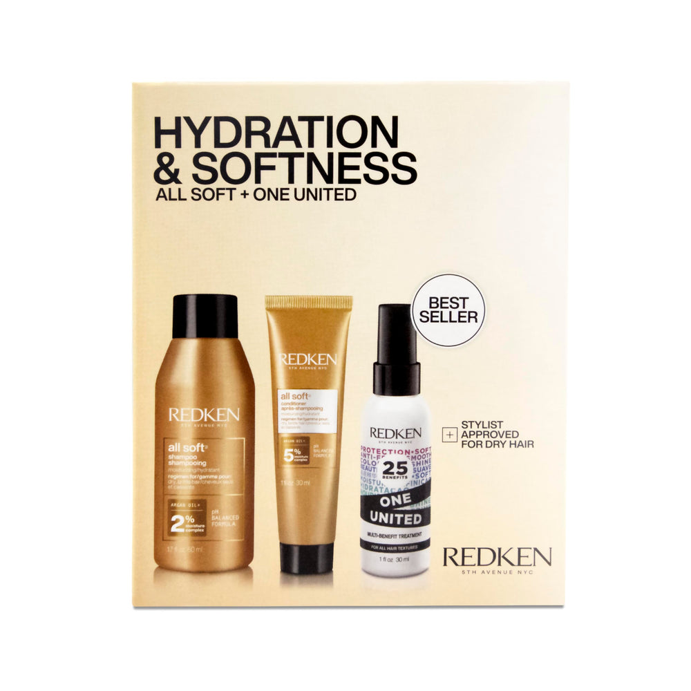 Redken All Soft Mini Kit shampoo bottle provides deep hydration for dry hair