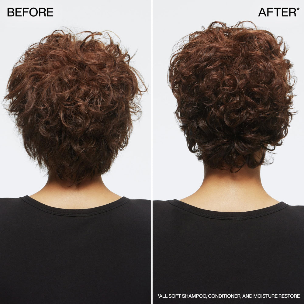 Redken All Soft hydration molecule graphic highlights moisture retention.