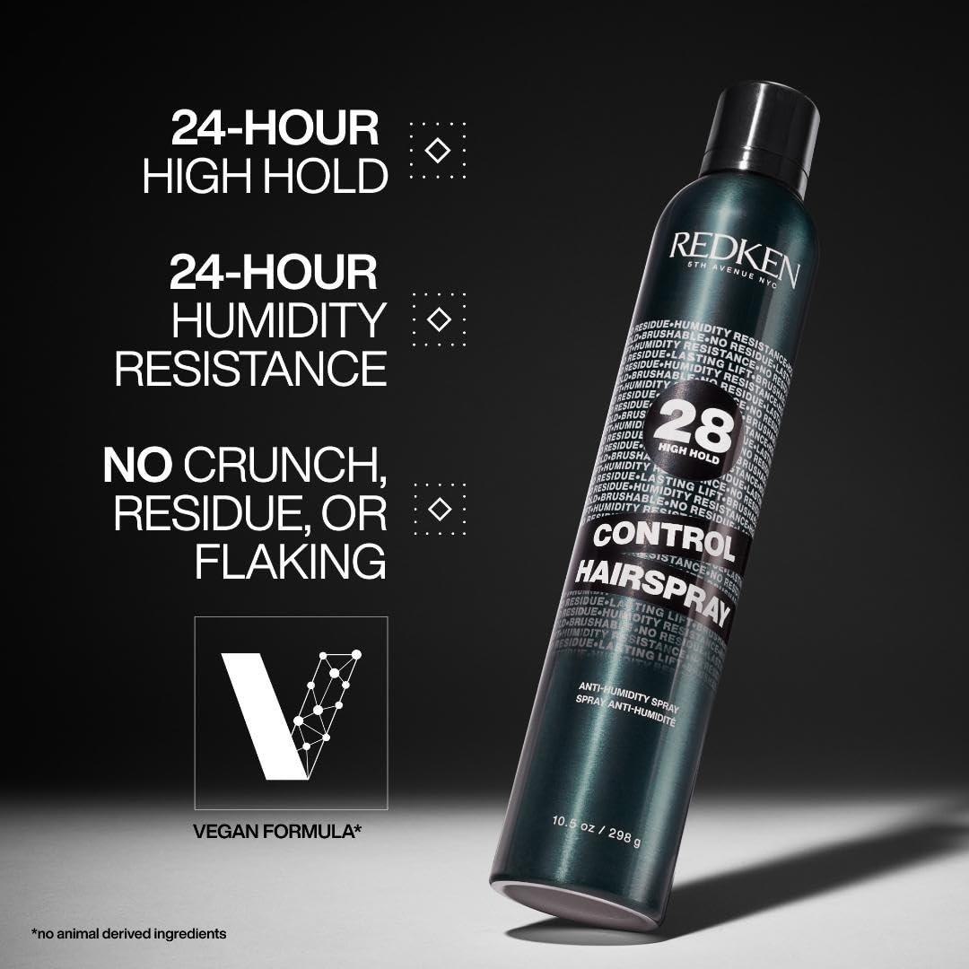Redken Control Hairspray 28 spray action demonstrates quick-dry, flake-free finish.