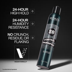 Redken Control Hairspray 28 spray action demonstrates quick-dry, flake-free finish.