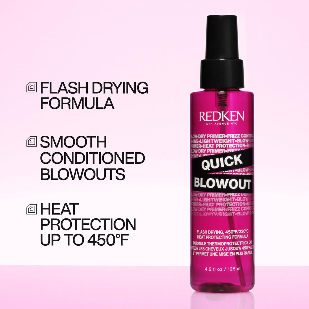 Redken Quick Blowout in action dispensing evenly onto damp hair.