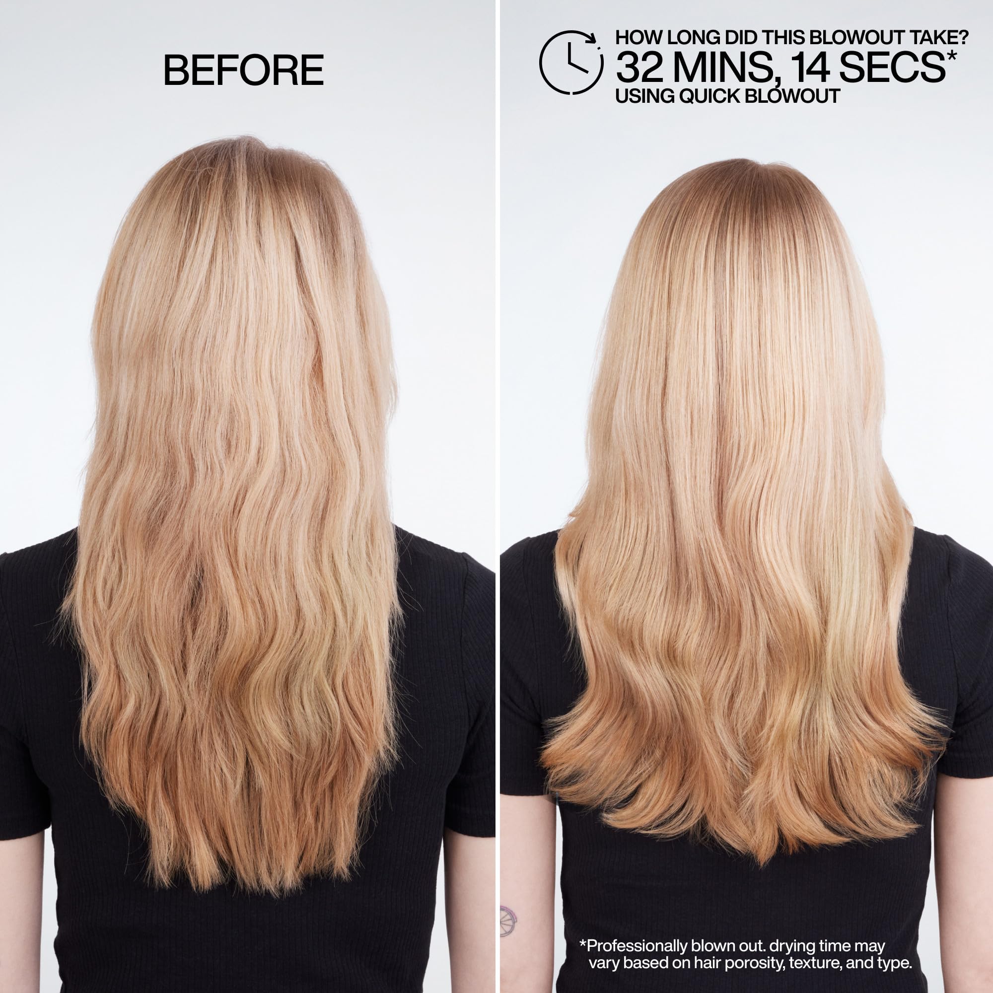 Smoothing effect on hair with Redken Quick Blowout for frizz control.