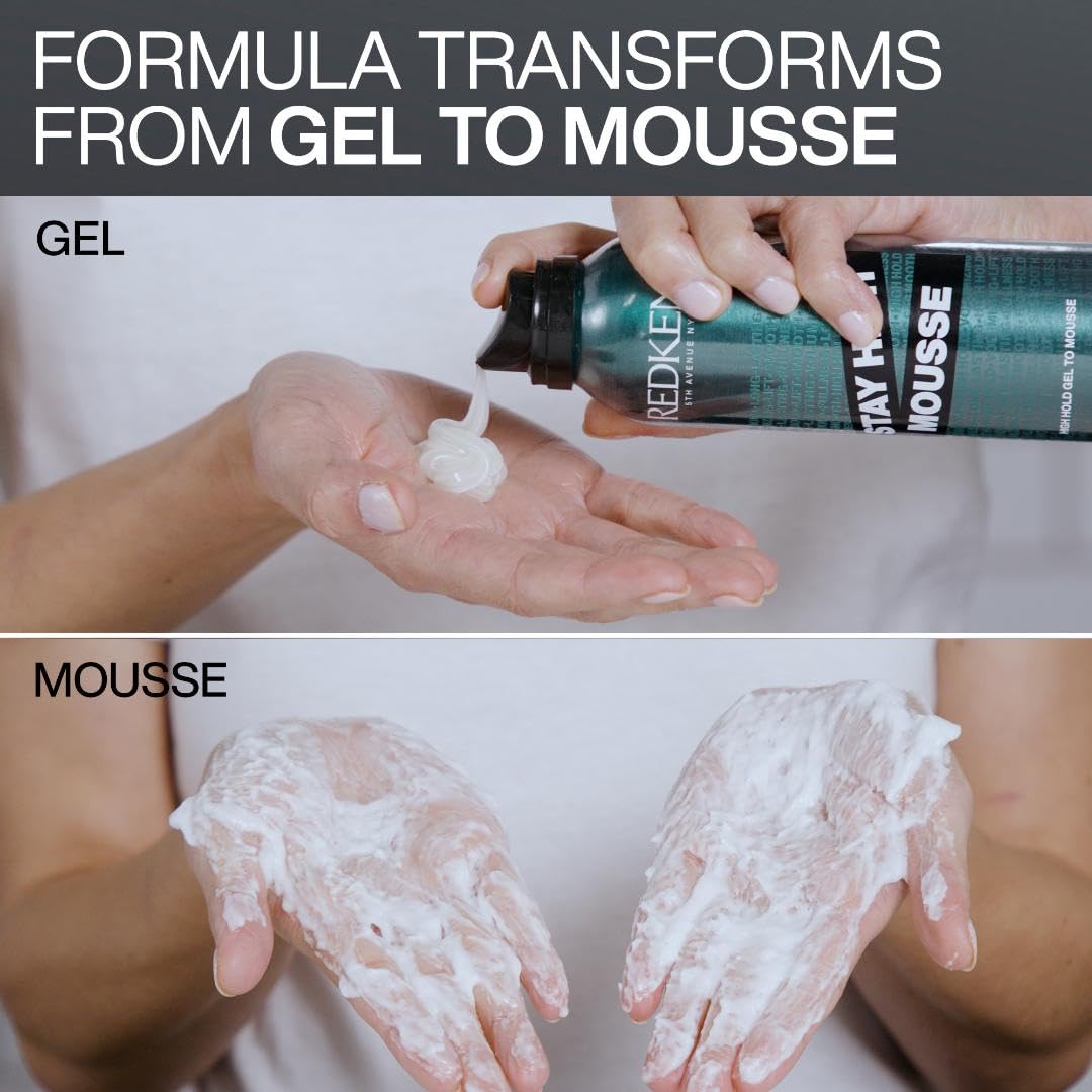 Model's blowout looks voluminous and glossy using Redken Stay High Mousse