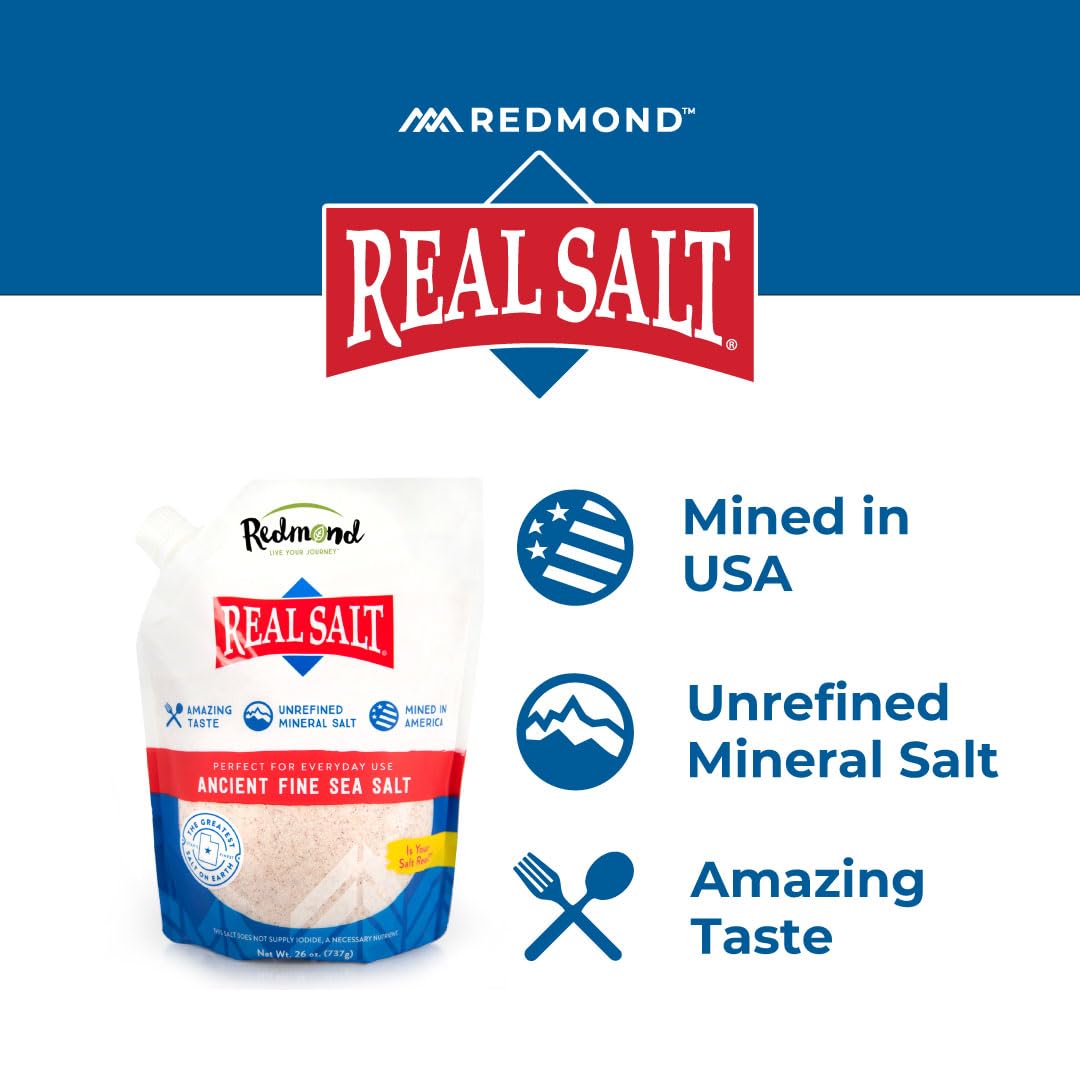 REDMOND Real Sea Salt from Utah, natural and unrefined with trace minerals for daily seasoning.