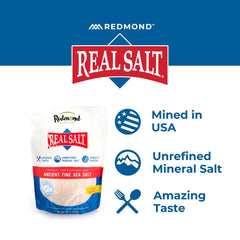 REDMOND Real Sea Salt from Utah, natural and unrefined with trace minerals for daily seasoning.