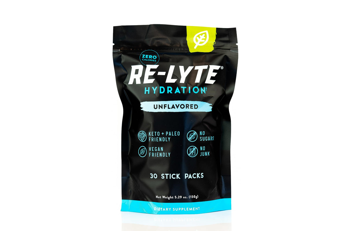Redmond Re-Lyte unflavored stick pack front for clean hydration on the go.