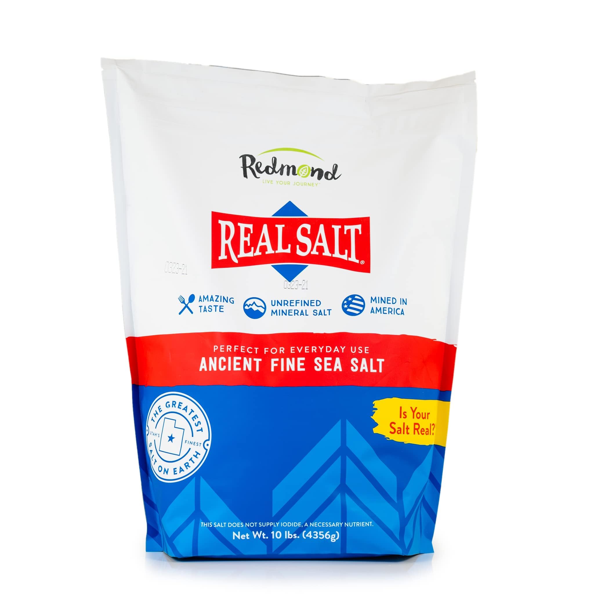 Redmond Real Salt 10lb bag highlights natural, unrefined sea salt for everyday cooking.