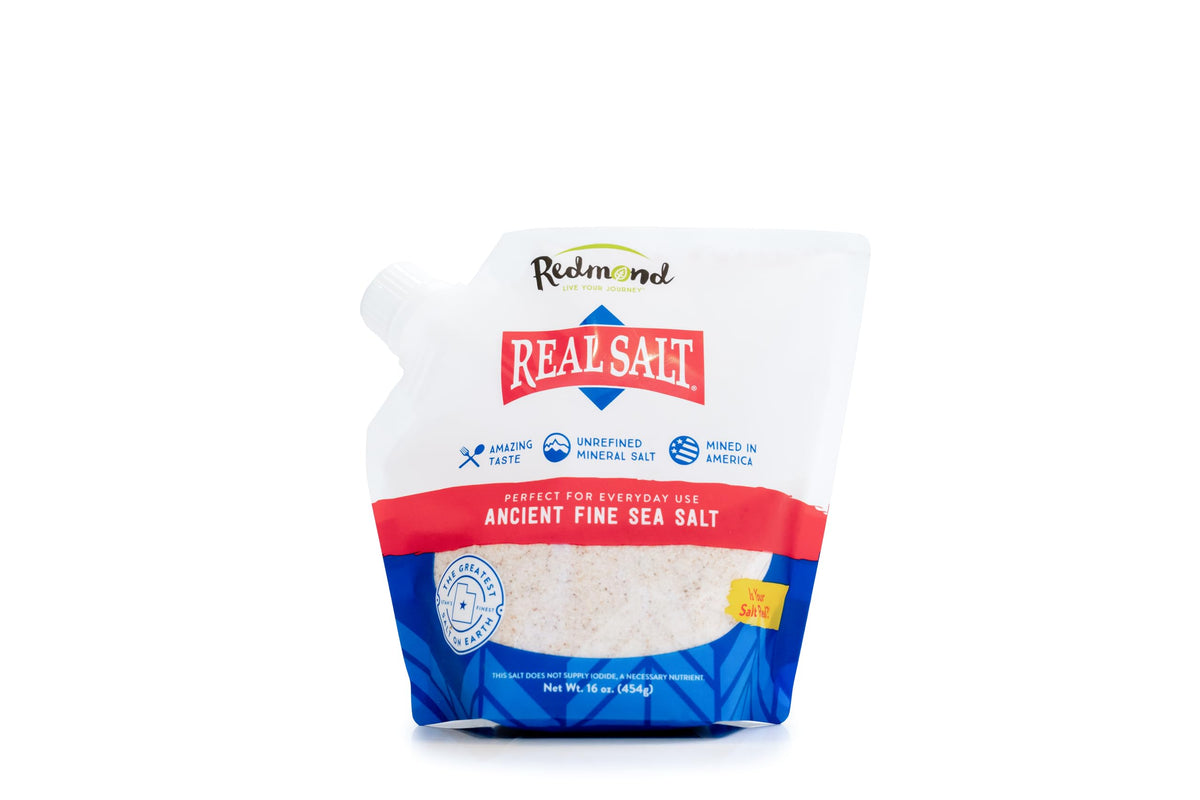 Redmond Real Salt ancient fine sea salt pouch showcases subtle sweetness for everyday meals.