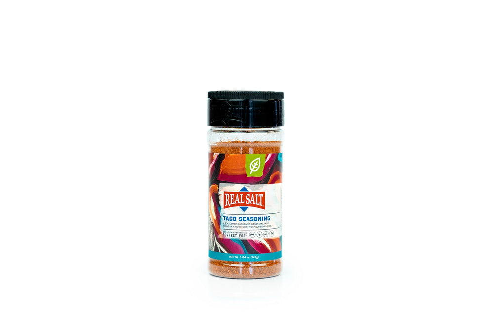 Redmond Real Salt Taco Seasoning jar showcases unrefined salt for bold, clean flavor