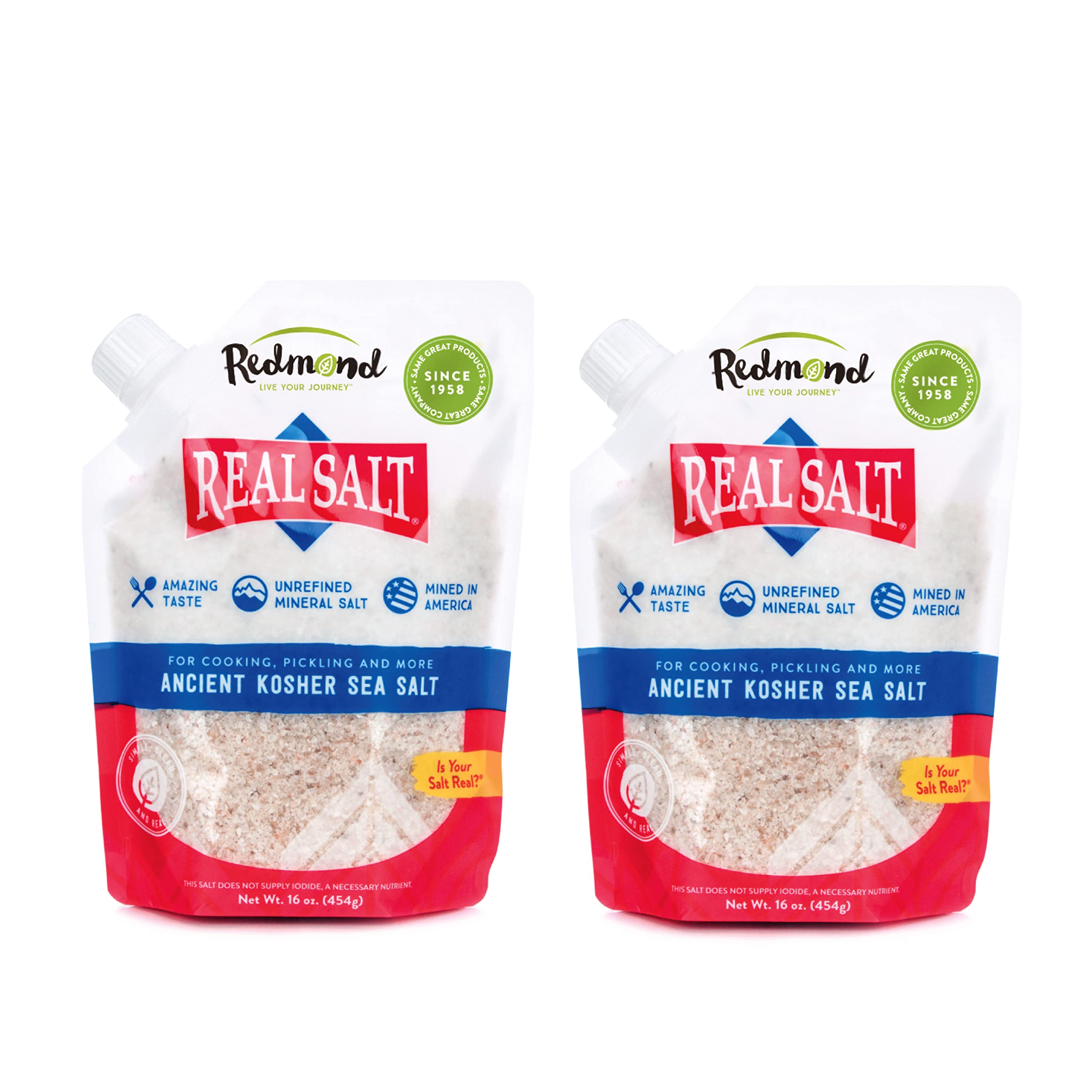 Redmond Real Sea Salt 16oz pouch front shows natural crystals for daily seasoning