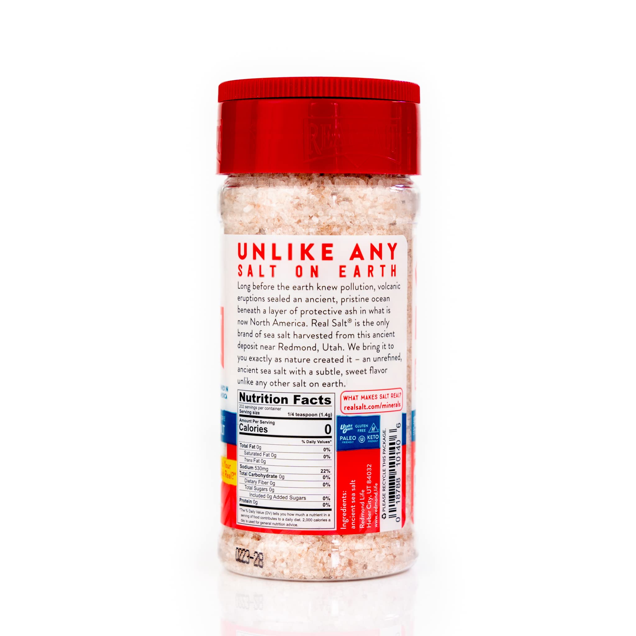 Redmond Real Sea Salt shaker front for easy kitchen seasoning and finish.