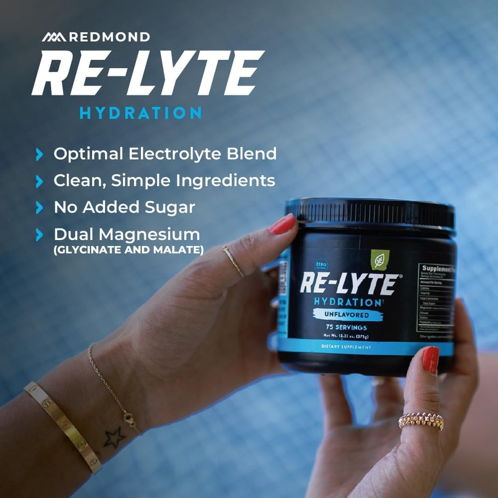 REDMOND Re-Lyte packaging highlights Real Salt minerals for electrolyte balance.