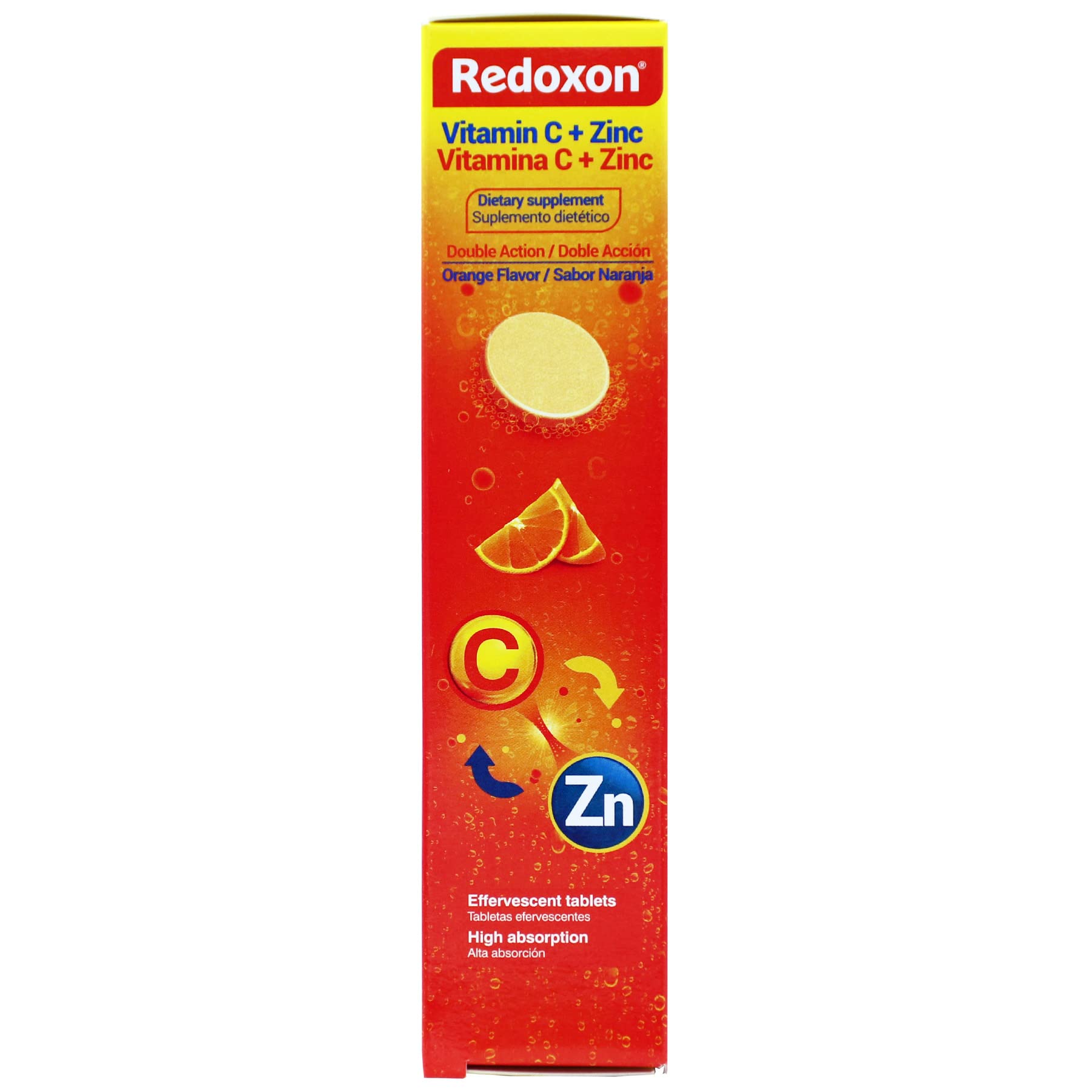 Redoxon label close-up showing vitamin C and zinc ingredients for daily wellness.