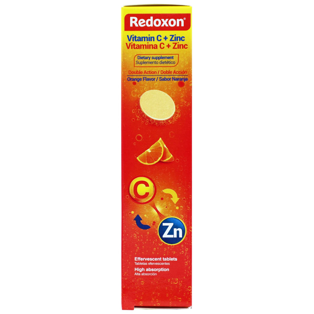 Redoxon label close-up showing vitamin C and zinc ingredients for daily wellness.
