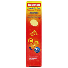 Redoxon label close-up showing vitamin C and zinc ingredients for daily wellness.