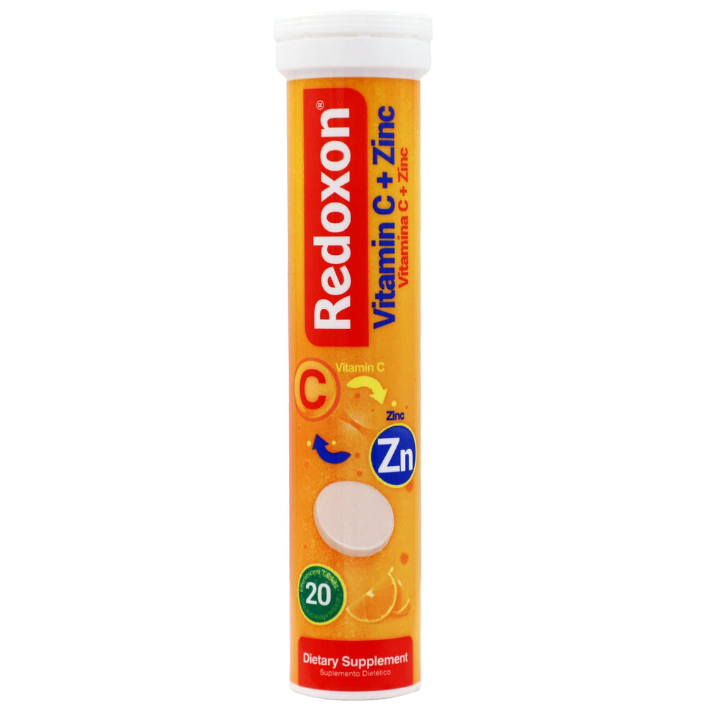 Redoxon packaging front featuring orange flavor, ideal for travel and routine.