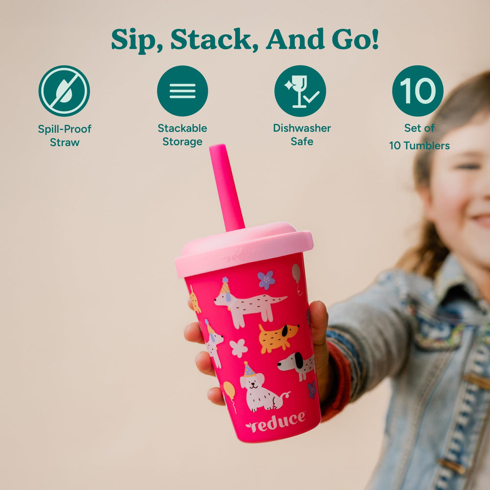 REDUCE GoGo stackable 12oz cups with lids, space-saving for compact kitchens.