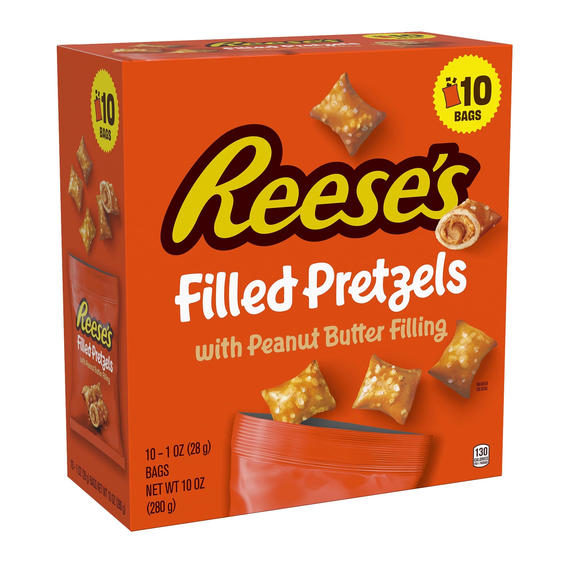 Reese's filled pretzels with crunchy pretzel shell and peanut butter filling, ready-to-eat snack